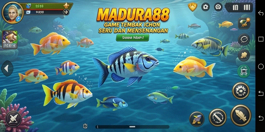 Tampilan gameplay seru dalam MADURA88 saat menembak ikan.