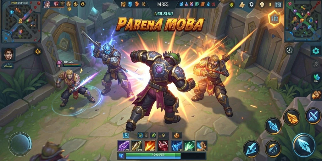 Screenshot gameplay ME355 menunjukkan pertarungan epik antara pahlawan.