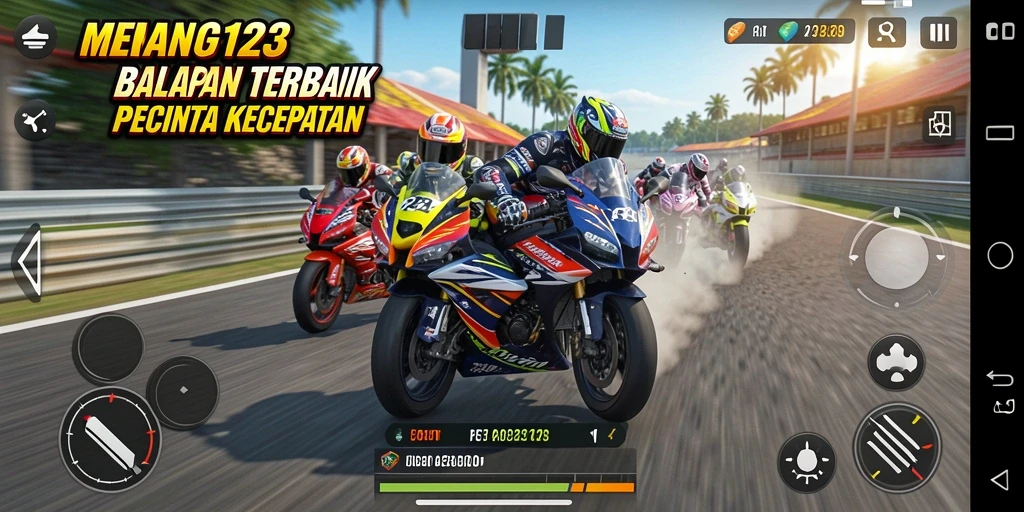 Tampilan gameplay balapan motor yang mendebarkan dan kompetitif.